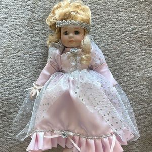 Elegant Pink Porcelain Doll with Blonde Hair